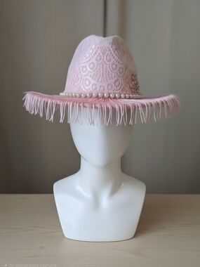 Pink Lace Fringe Fedora Hat with Pearl Band NNT